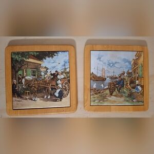2 Vtg Holland made handcrafted Tiles w/ wood frame 8×8 by Ter Steege Bv